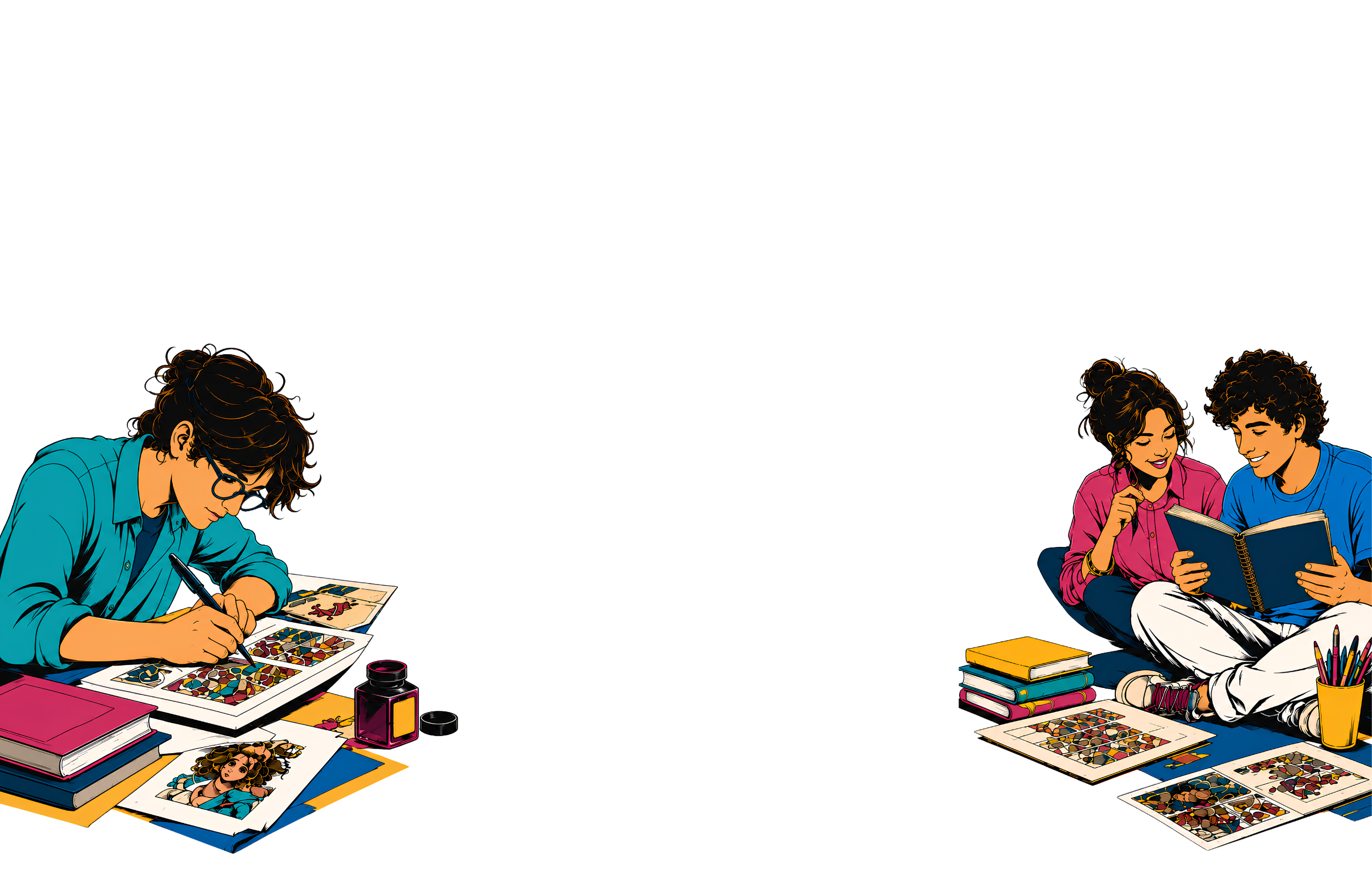 A comic artist inking a page; two readers sharing a book